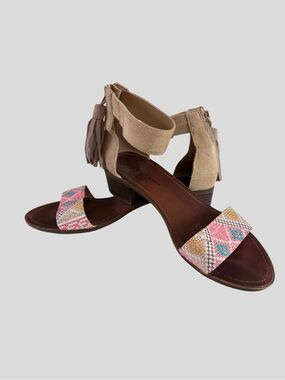 Rock & Candy Beige Suede Ankle-Strap Sandals with Multicolor Embroidered Toe